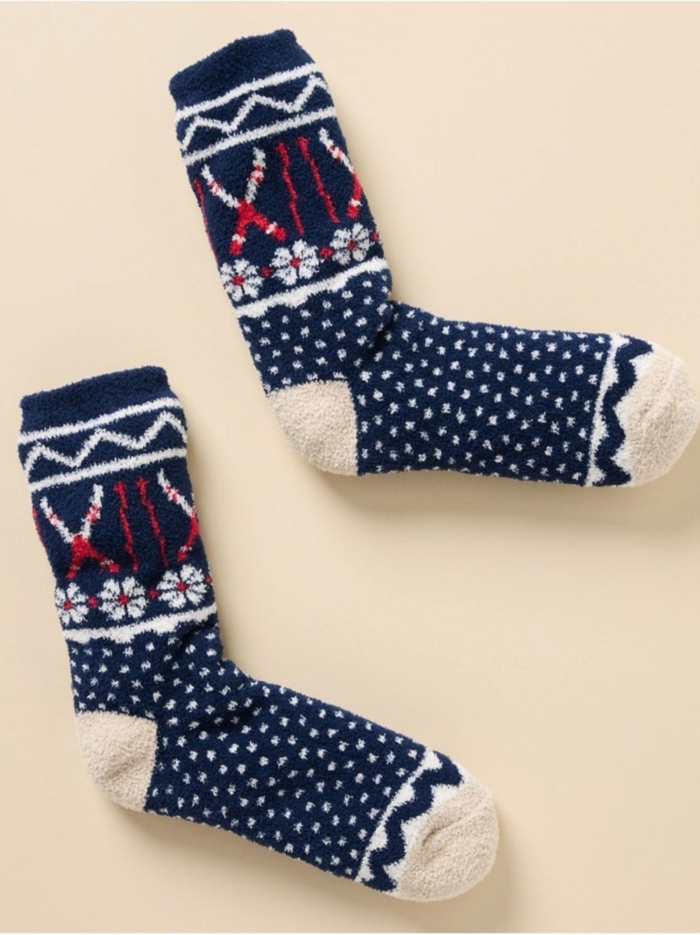 Anthropologie Cozy Cabin Fair Isle Socks Sherpa Lined Blue Red Skis One Size New